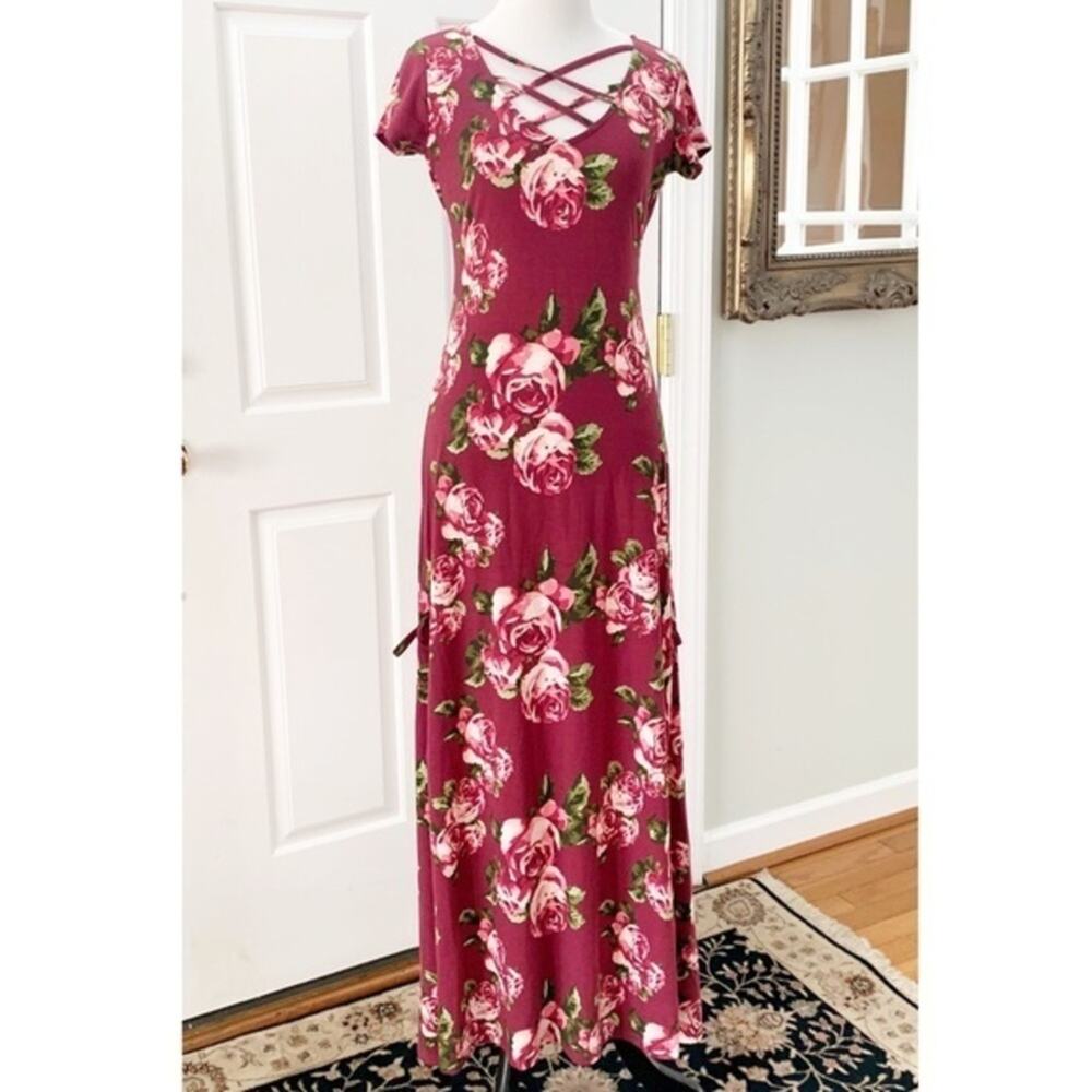 Maxi Dress Red Floral Print Short Sleeve